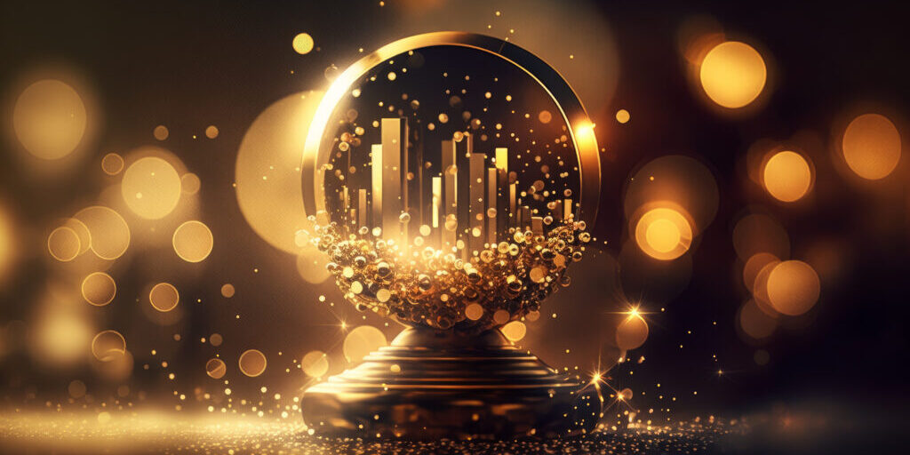 AI generated image of a glass ball with tall buildings and gold sparkles