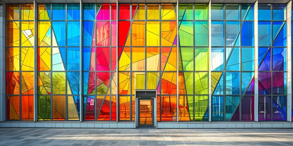 commercial facade with stained glass windows