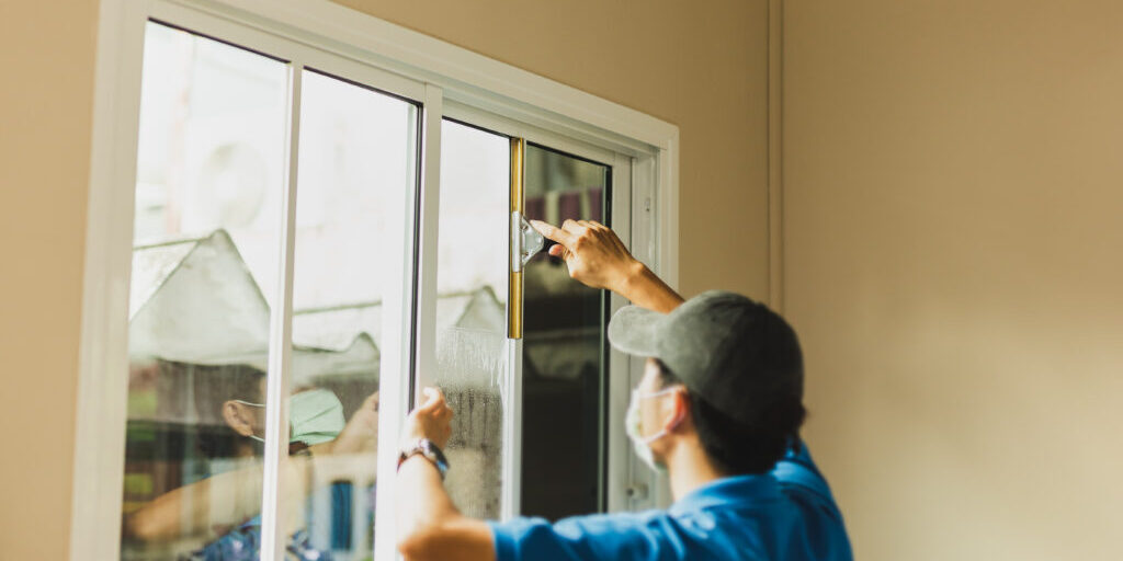 worker cleaning window before using tint