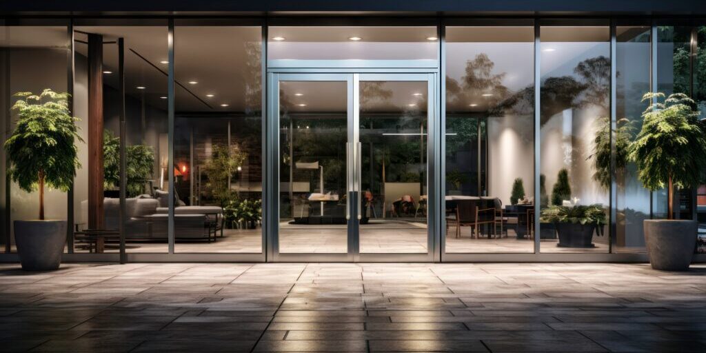 strong glass doors on a commercial building